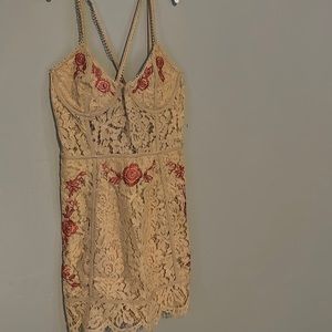 tan corset like fitted lace dress